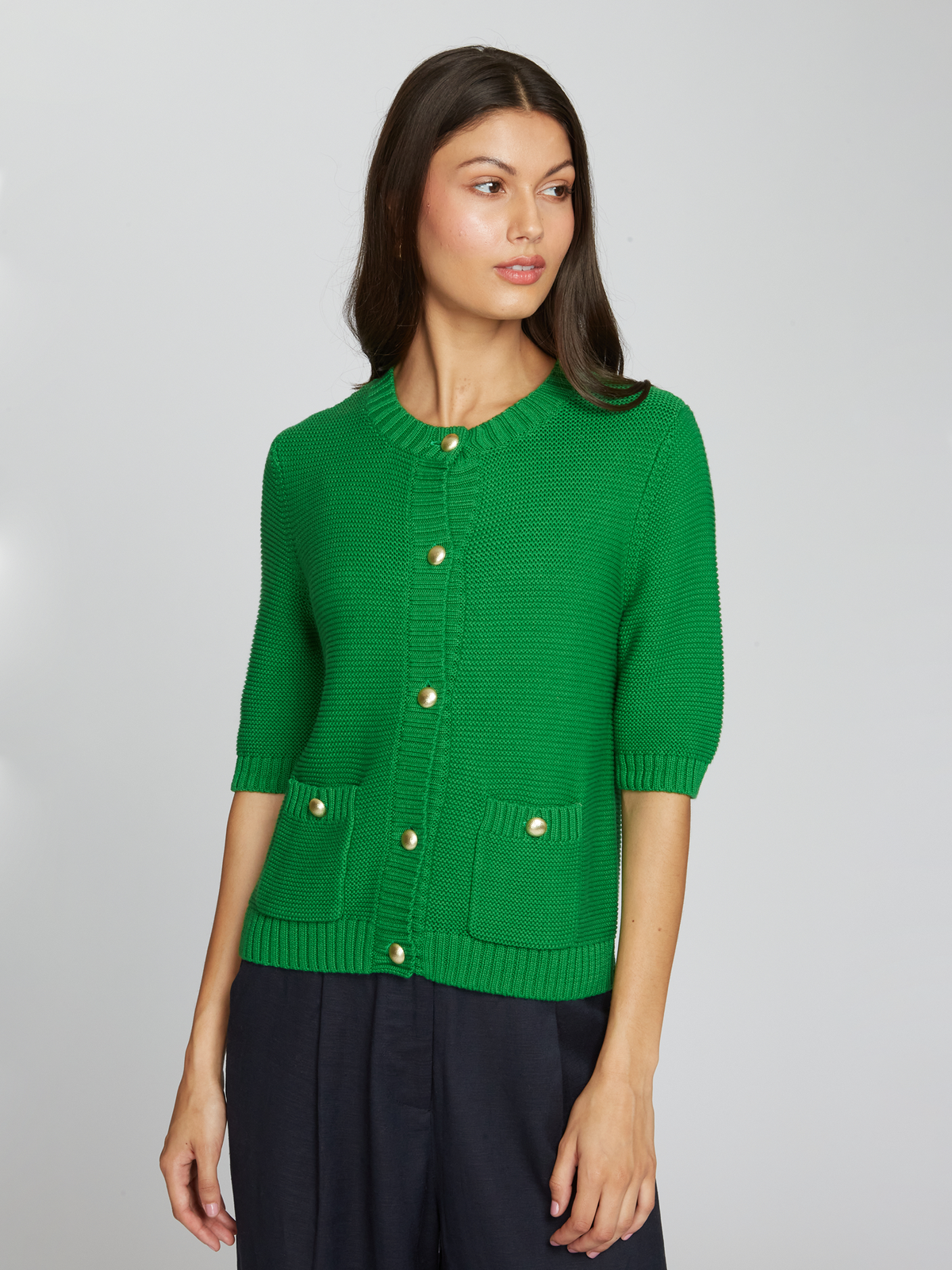 Button Front Elbow Sleeve Jacket W/ Pockets in Clover