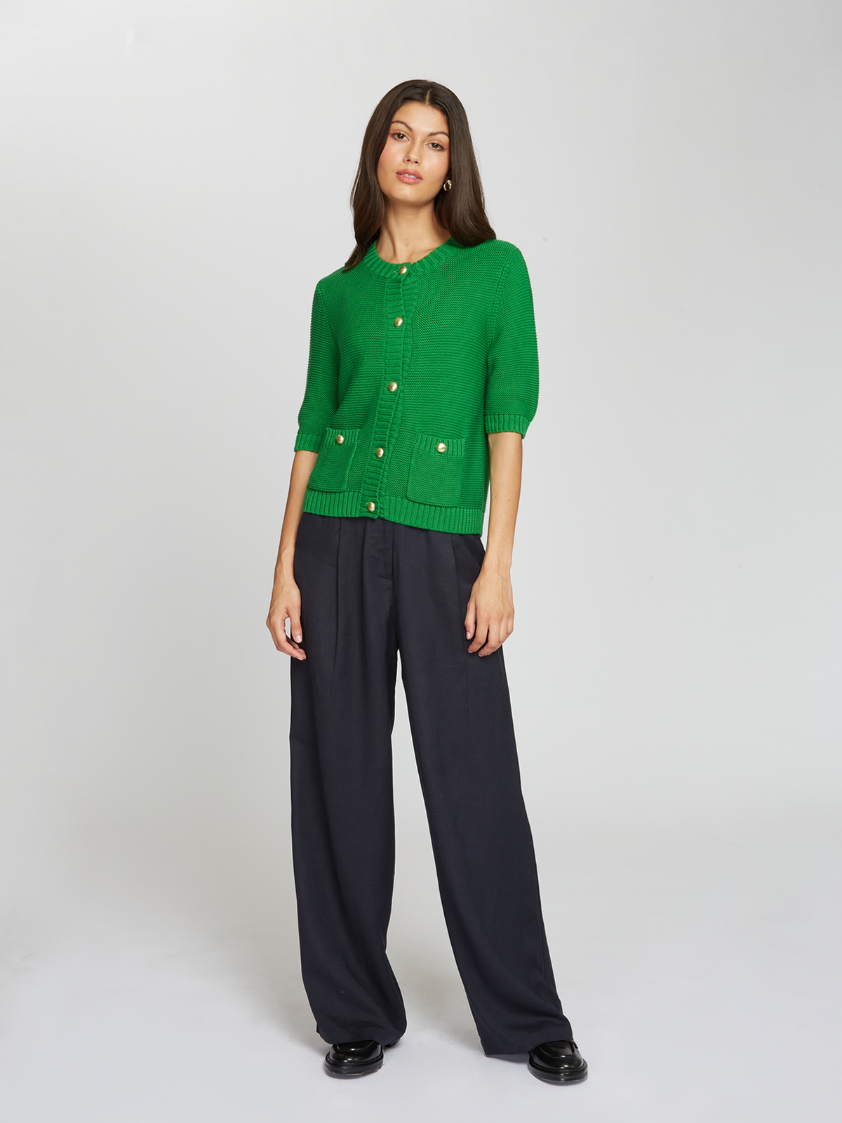 Button Front Elbow Sleeve Jacket W/ Pockets in Clover