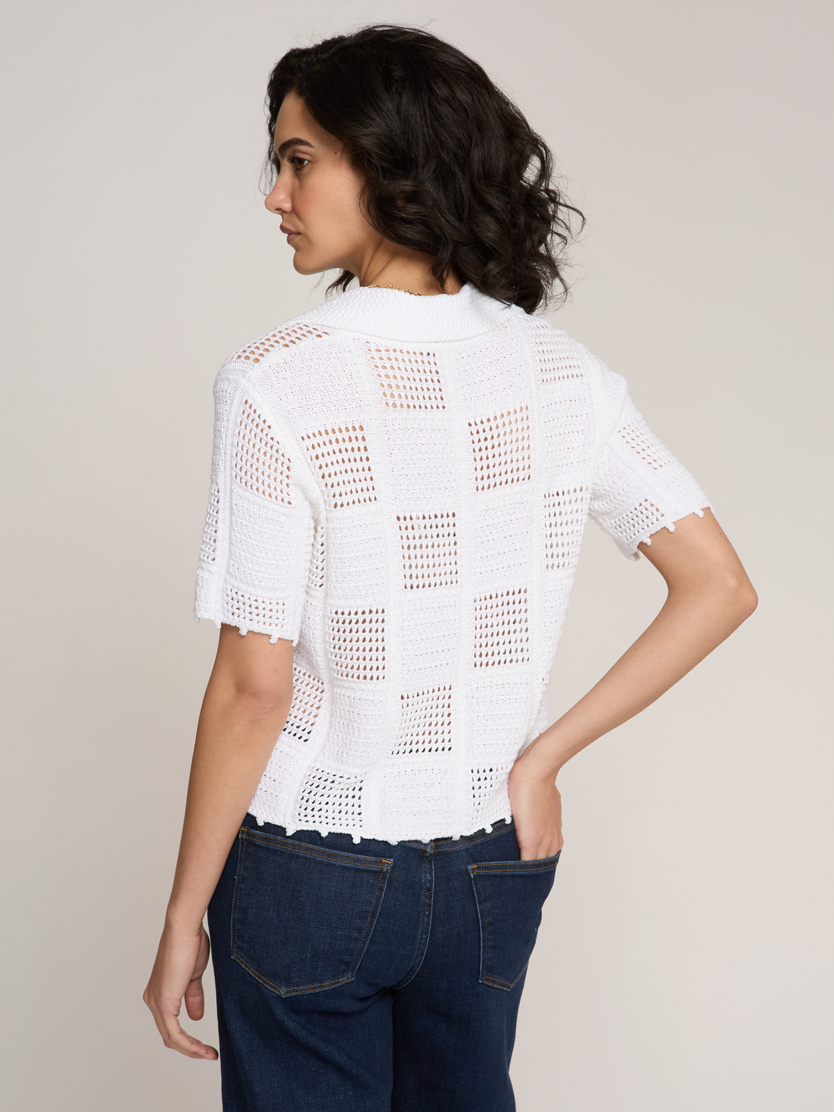 Button Up Patchwork Stitch Shirt in Bleach White