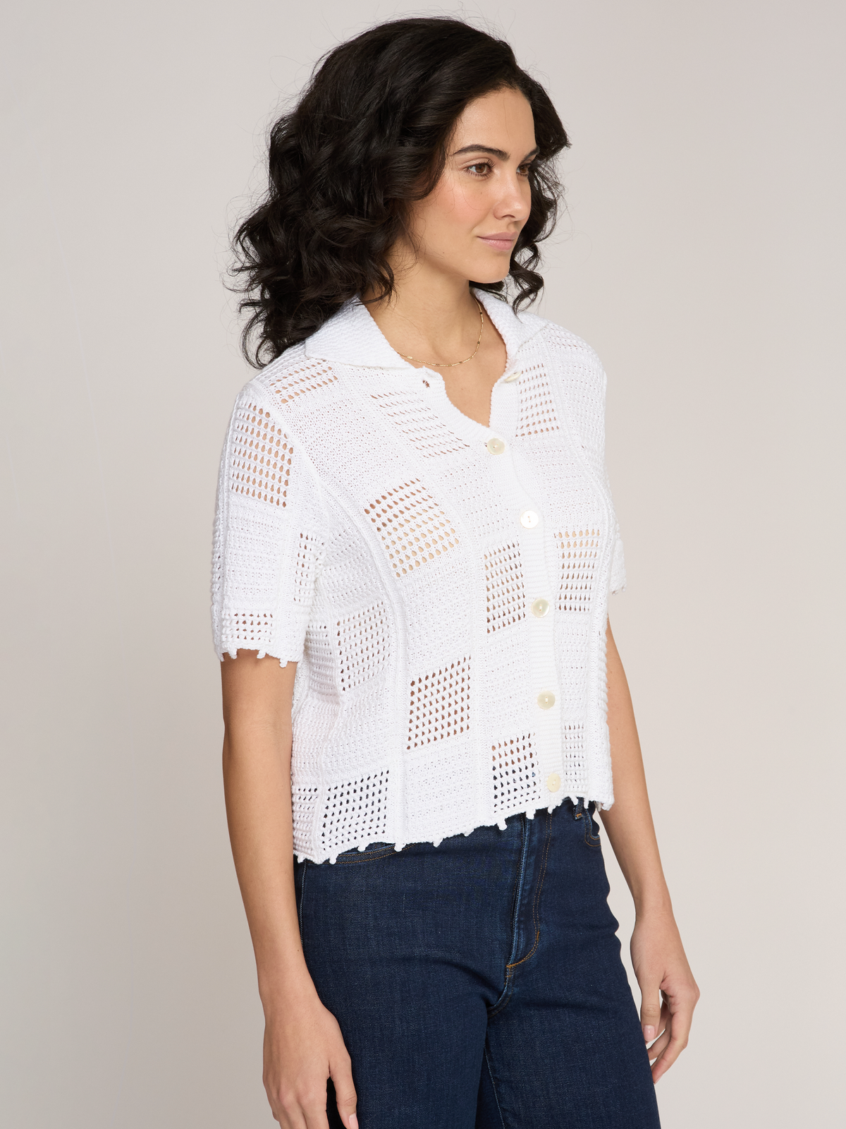 Button Up Patchwork Stitch Shirt in Bleach White