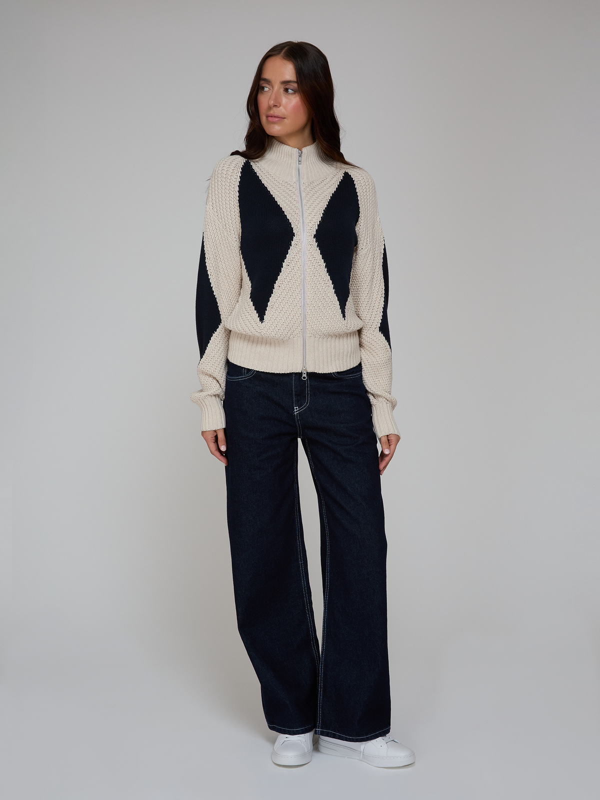 Diamond Mock Neck Zip Up in Natural/Navy Blue