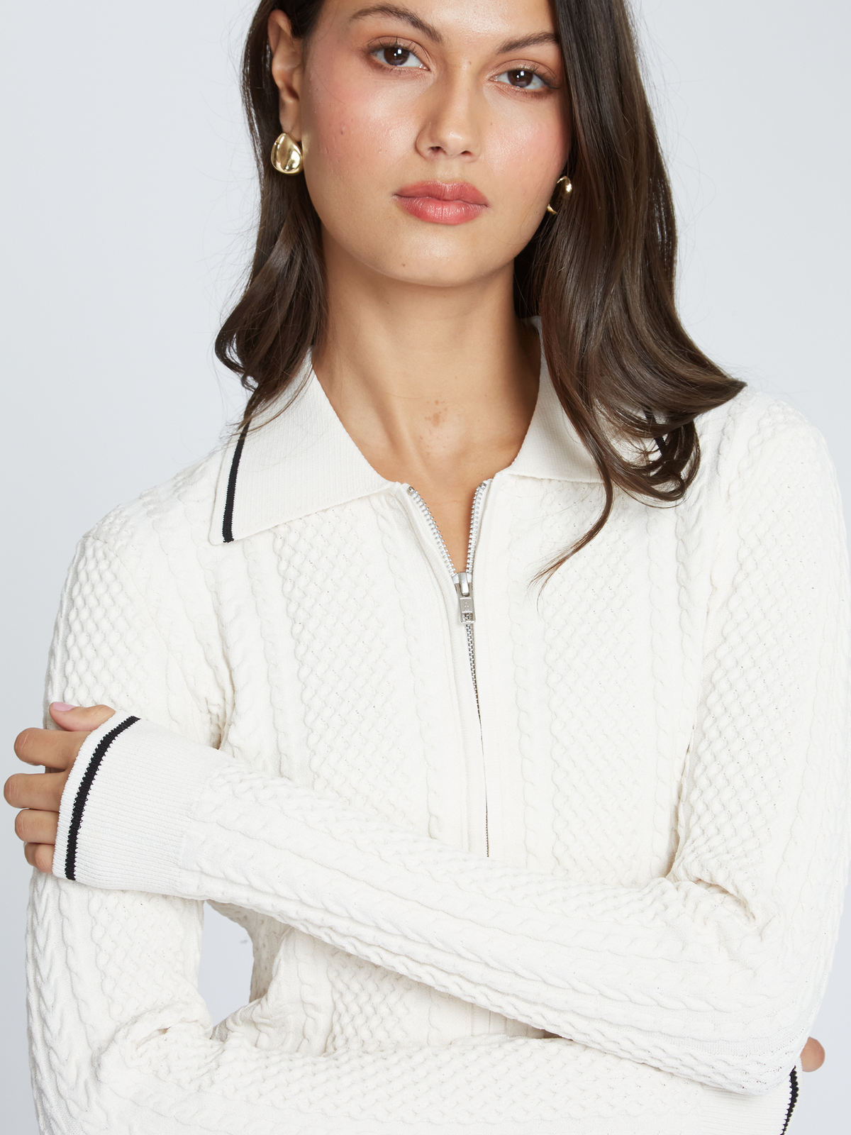 Cable Zip Front Collared Jacket in Sand/Black