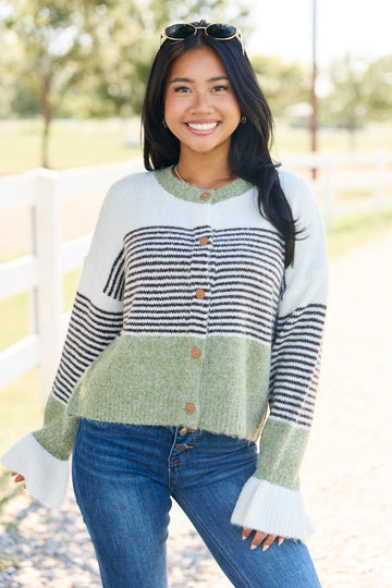 Easy On The Eyes Sage Striped Colorblock Cardigan