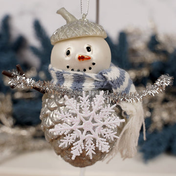Grey Pine Cone Snowman Blue Scarf Ornament