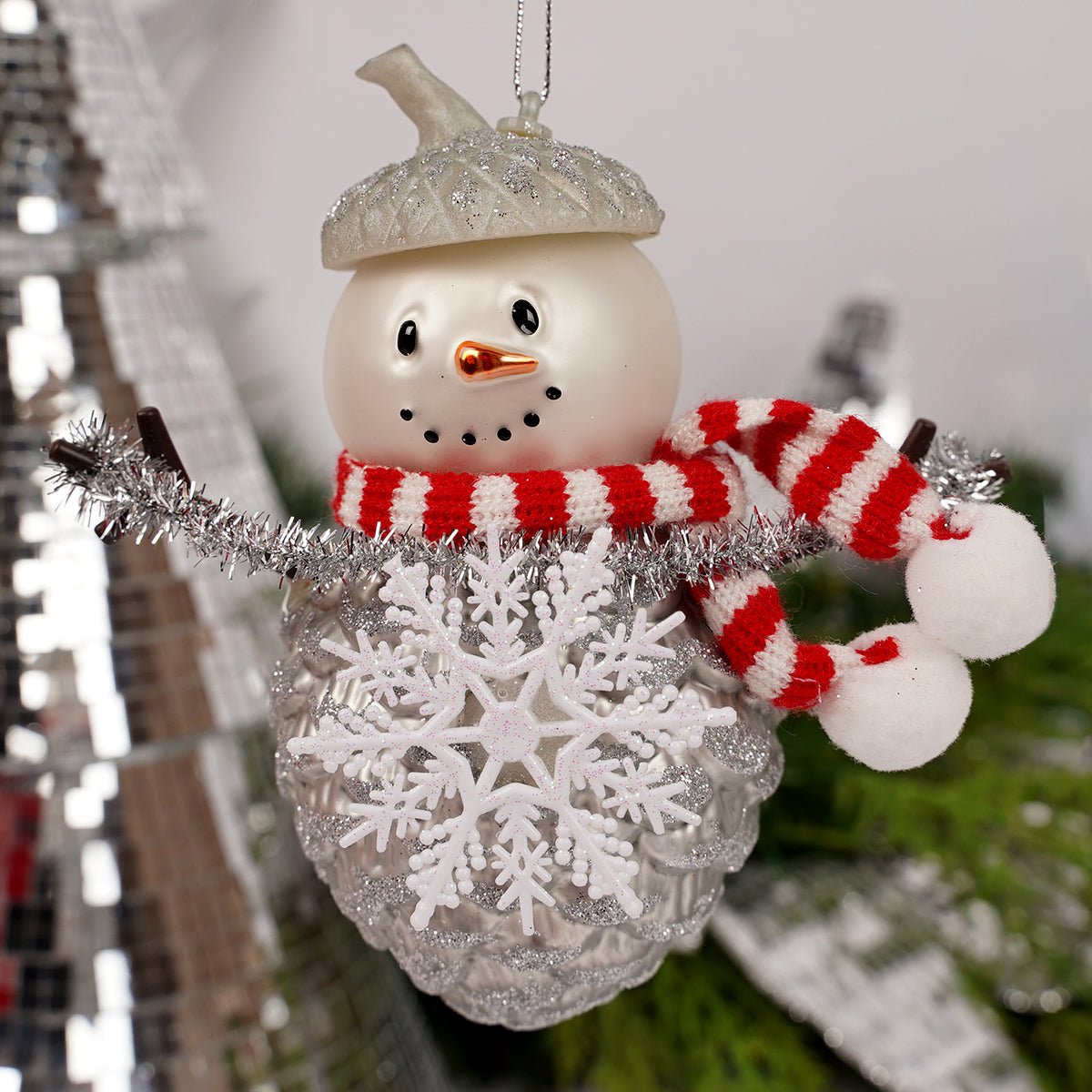 Grey Pine Cone Snowman Red Scarf Ornament