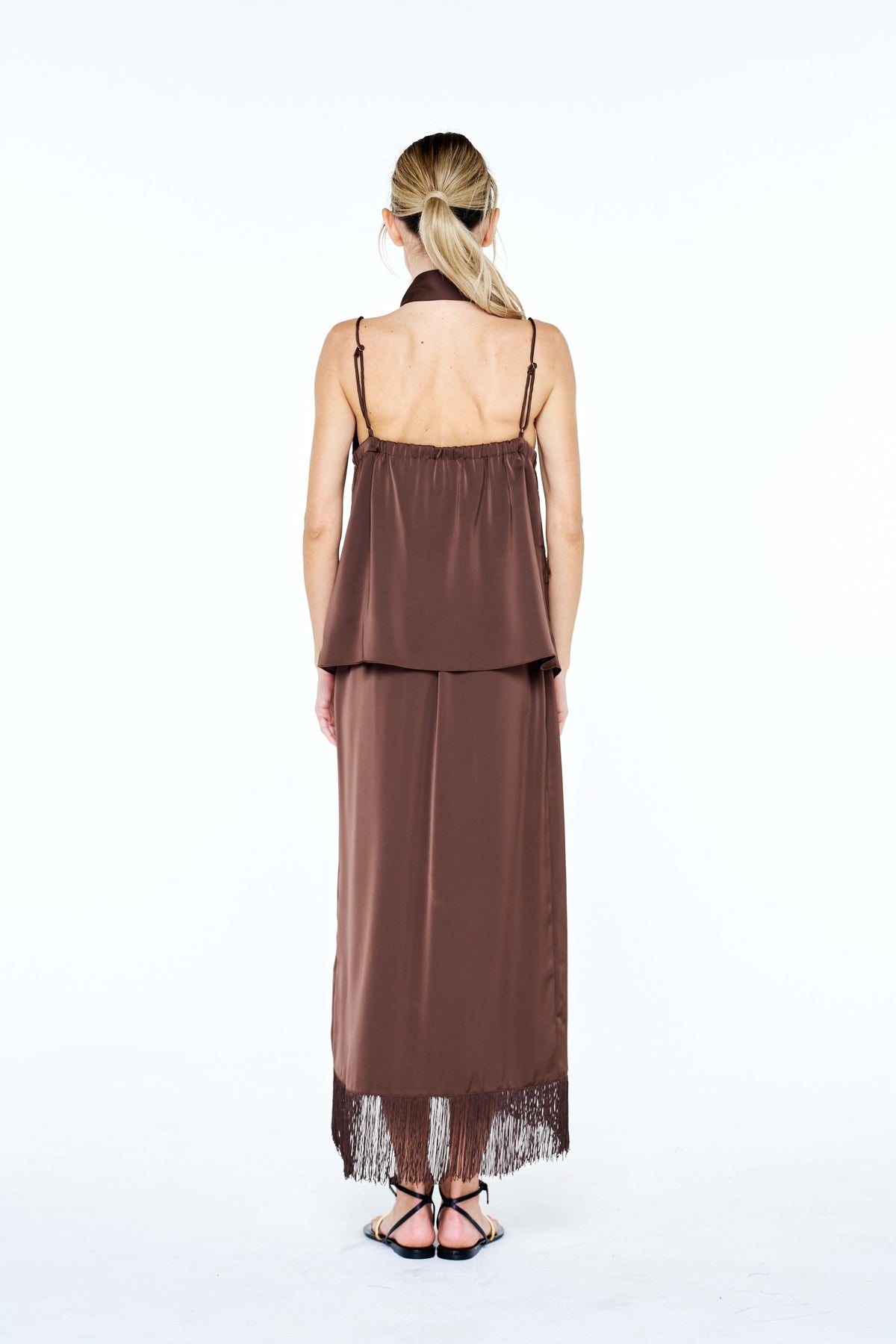 SANA FRINGED SATIN WRAP MIDI SKIRT