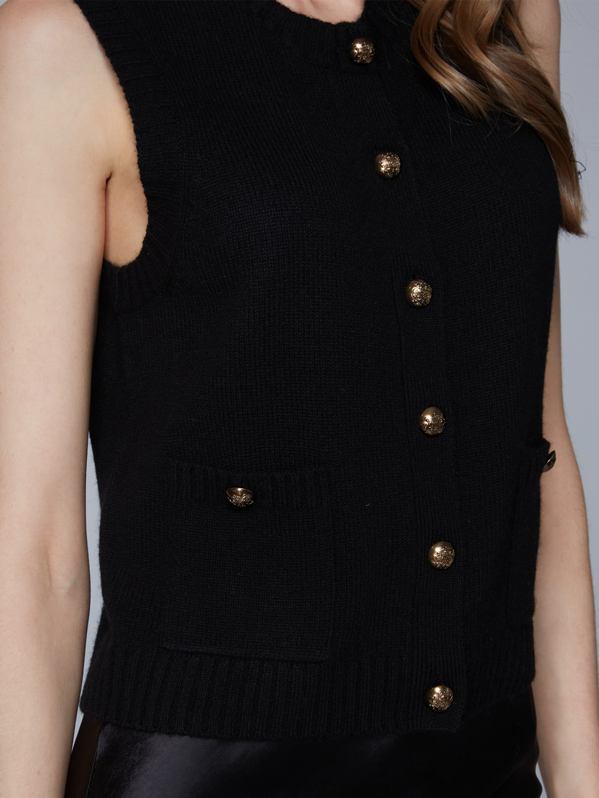 Button Front Vest w/ Pockets in Black