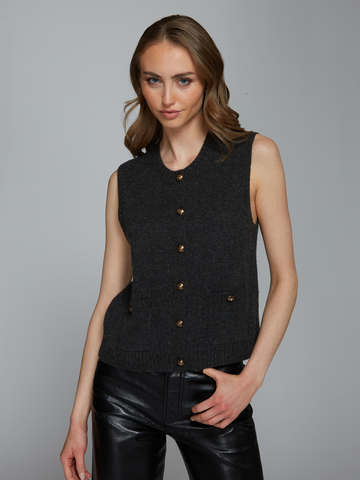 Button Front Vest w/ Pockets in Pepper