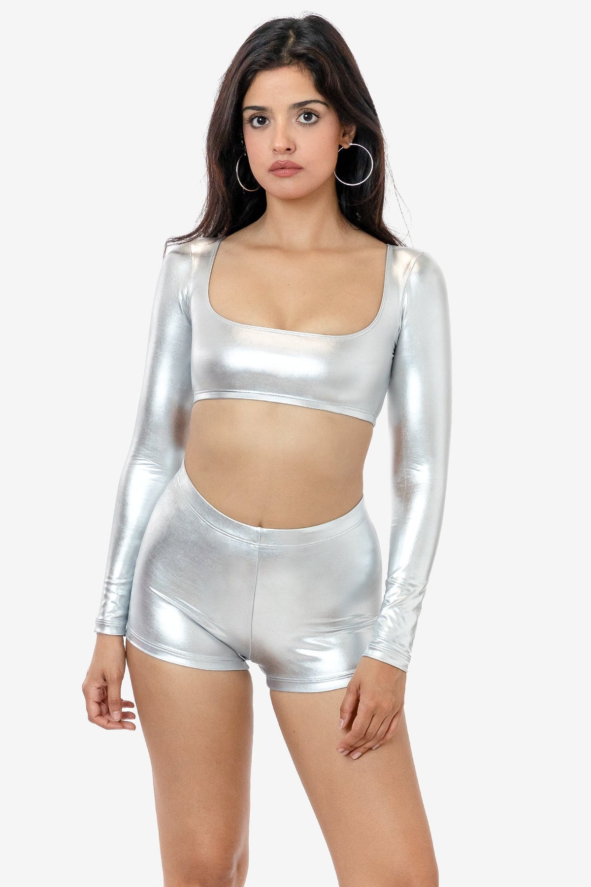RLA387 - Lamé Squareneck Long Sleeve Micro Crop Top