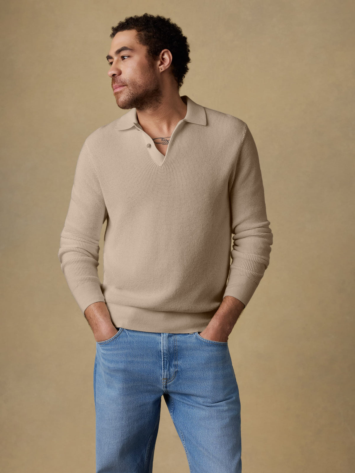 Long-Sleeve Sunwashed Sweater Polo - Natural