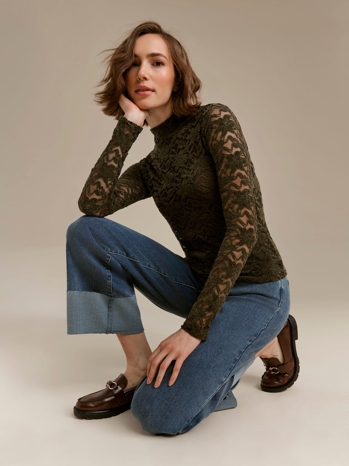 Lace Mock Neck Top - Dark Olive