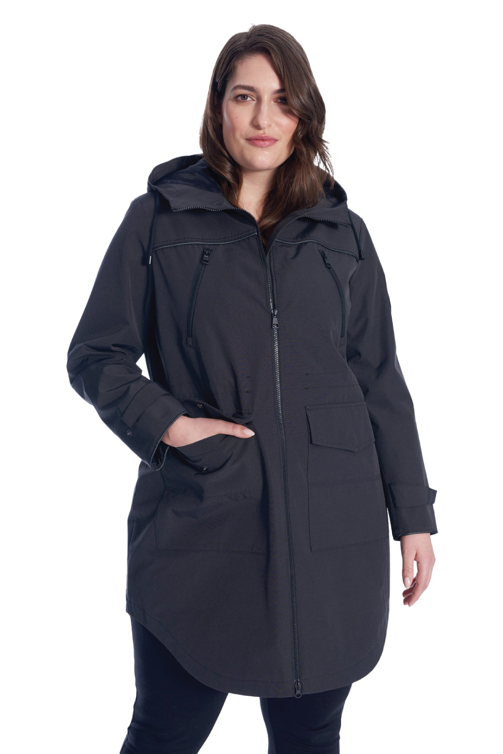 KUSAWA PLUS | WOMEN'S DRAWSTRING RAINCOAT, BLACK (PLUS SIZE)