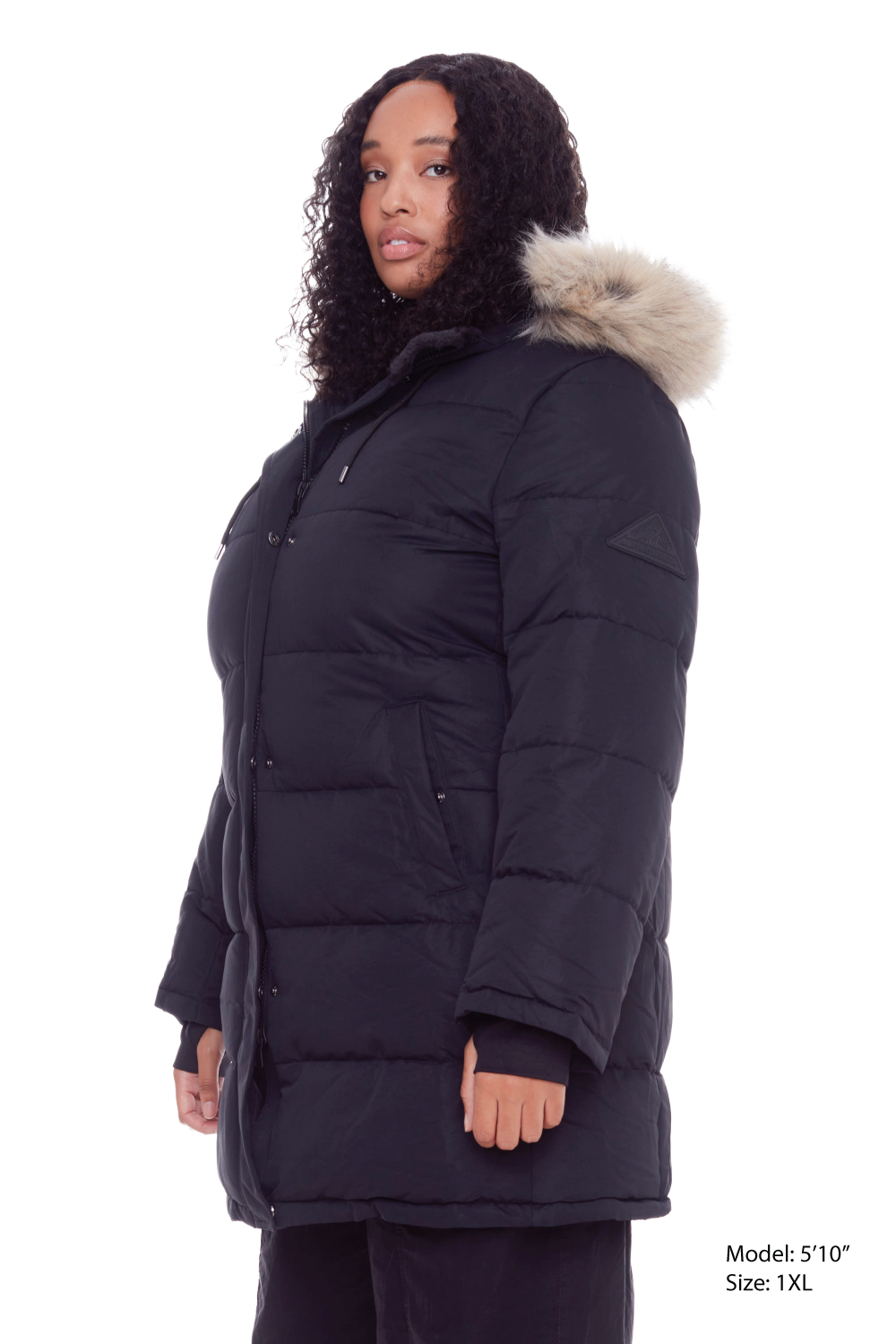 AULAVIK PLUS | WOMEN'S VEGAN DOWN (RECYCLED) MID-LENGTH HOODED PARKA COAT, BLACK (PLUS SIZE)