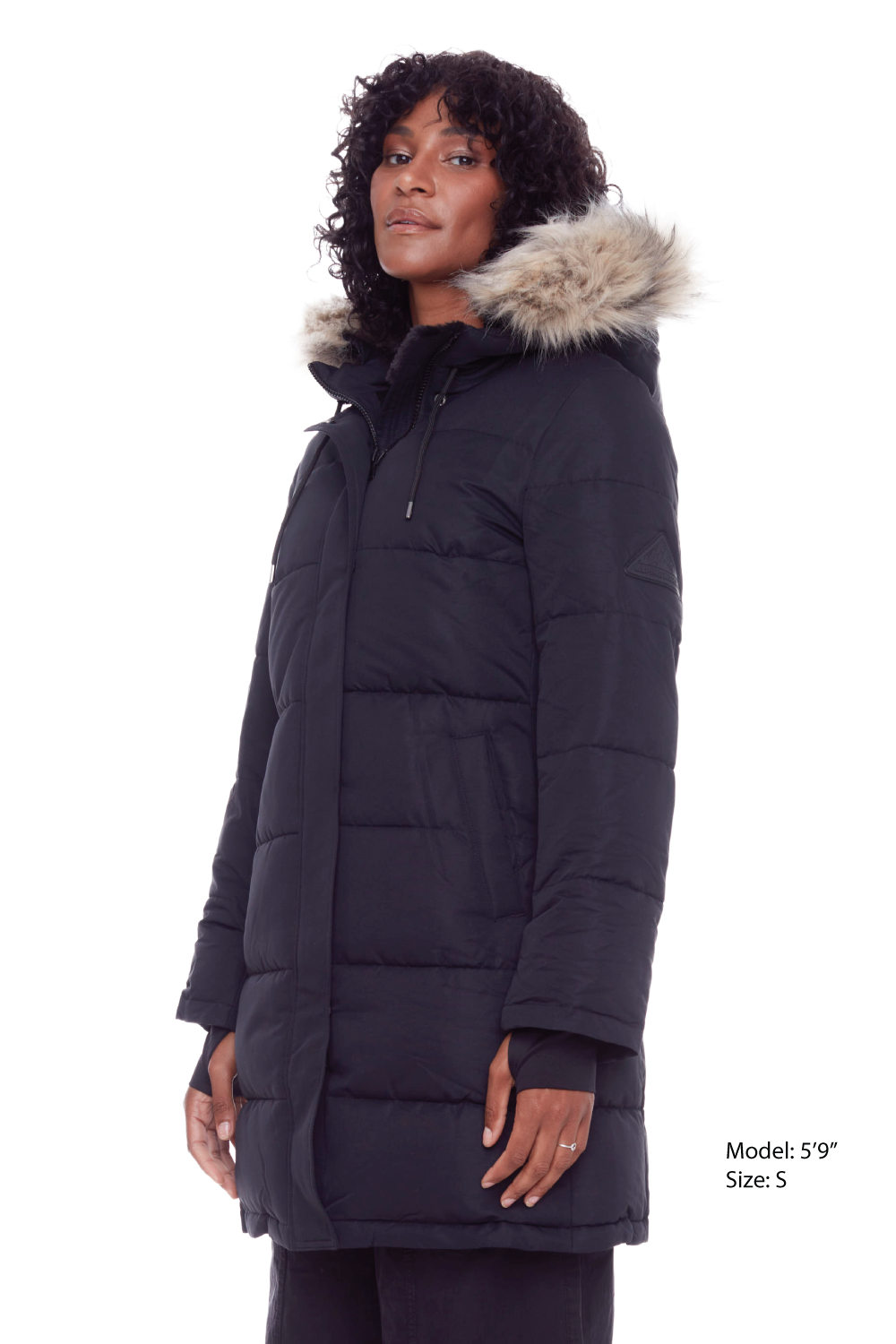 AULAVIK | WOMEN'S VEGAN DOWN (RECYCLED) MID-LENGTH HOODED PARKA COAT, BLACK