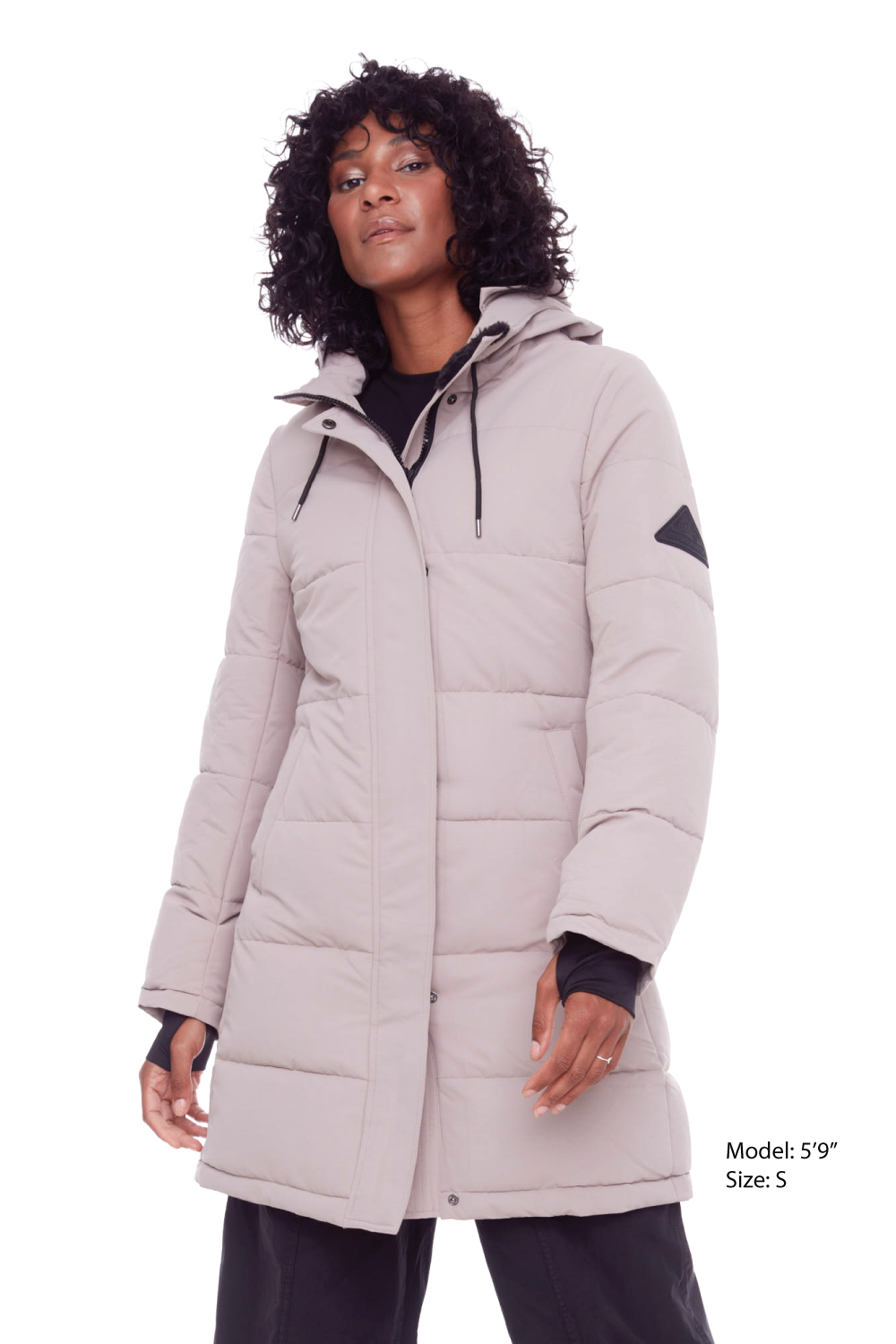 AULAVIK | WOMEN'S VEGAN DOWN (RECYCLED) MID-LENGTH HOODED PARKA COAT, LIGHT TAUPE