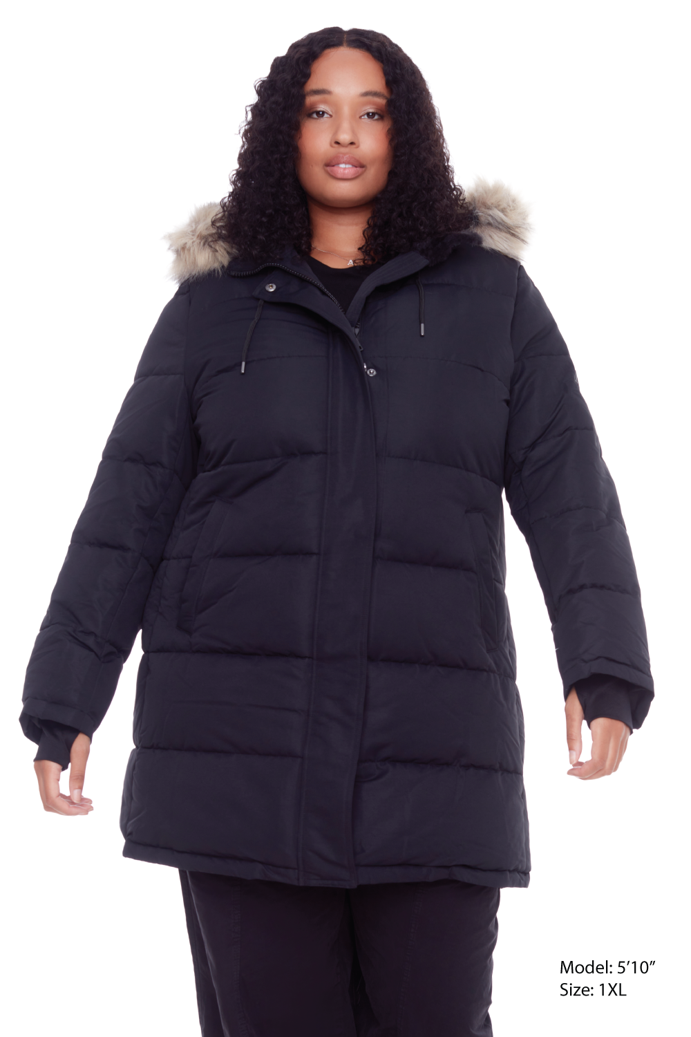 AULAVIK PLUS | WOMEN'S VEGAN DOWN (RECYCLED) MID-LENGTH HOODED PARKA COAT, BLACK (PLUS SIZE)
