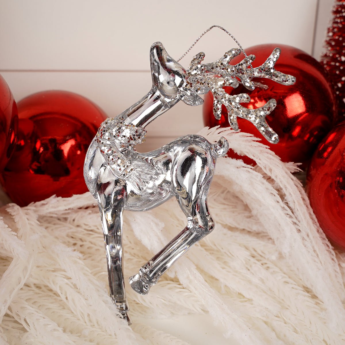 Clear Silver Glitter Deer Ornament