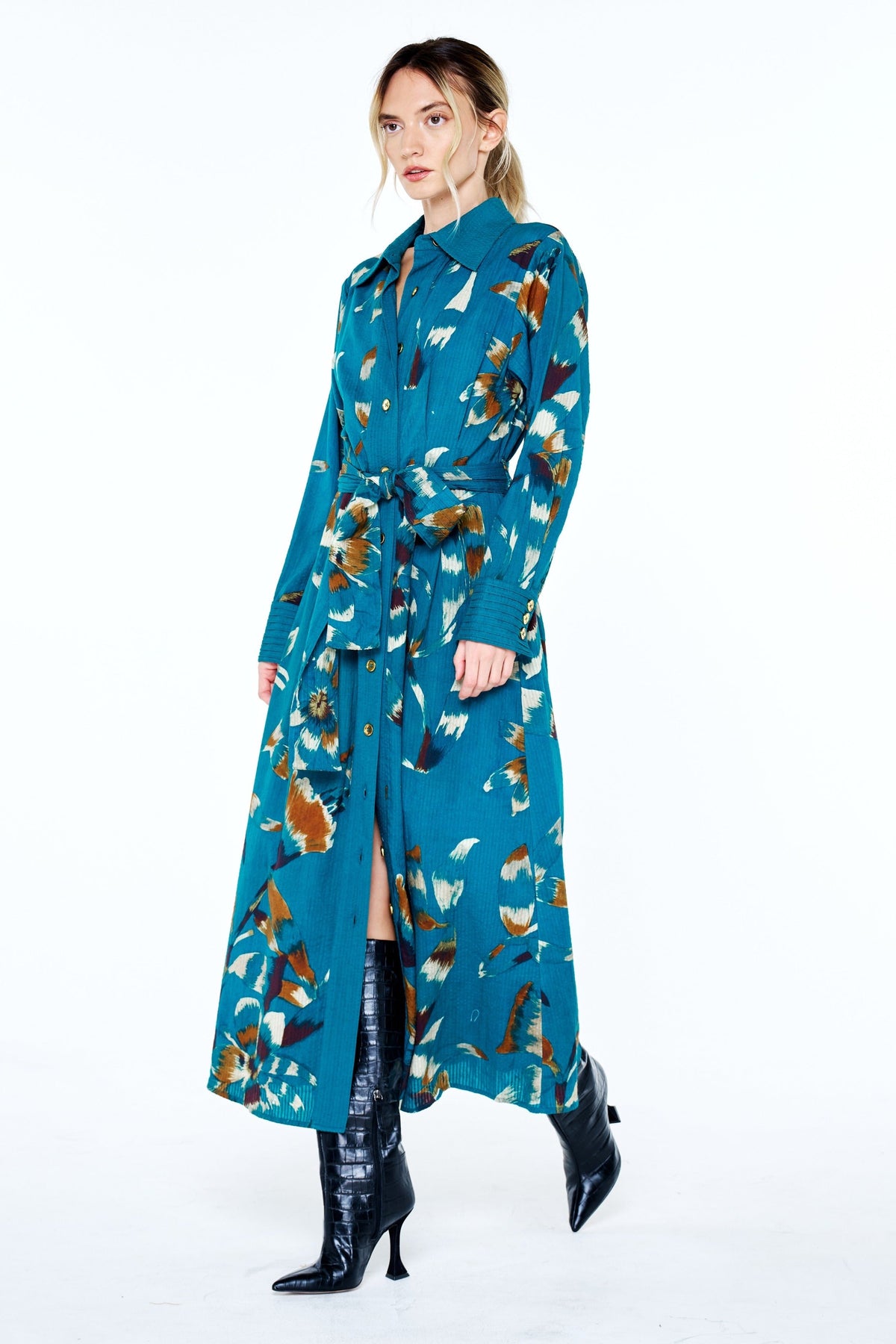 POLYNA PRINTED SEERSUCKER MAXI SHIRT DRESS