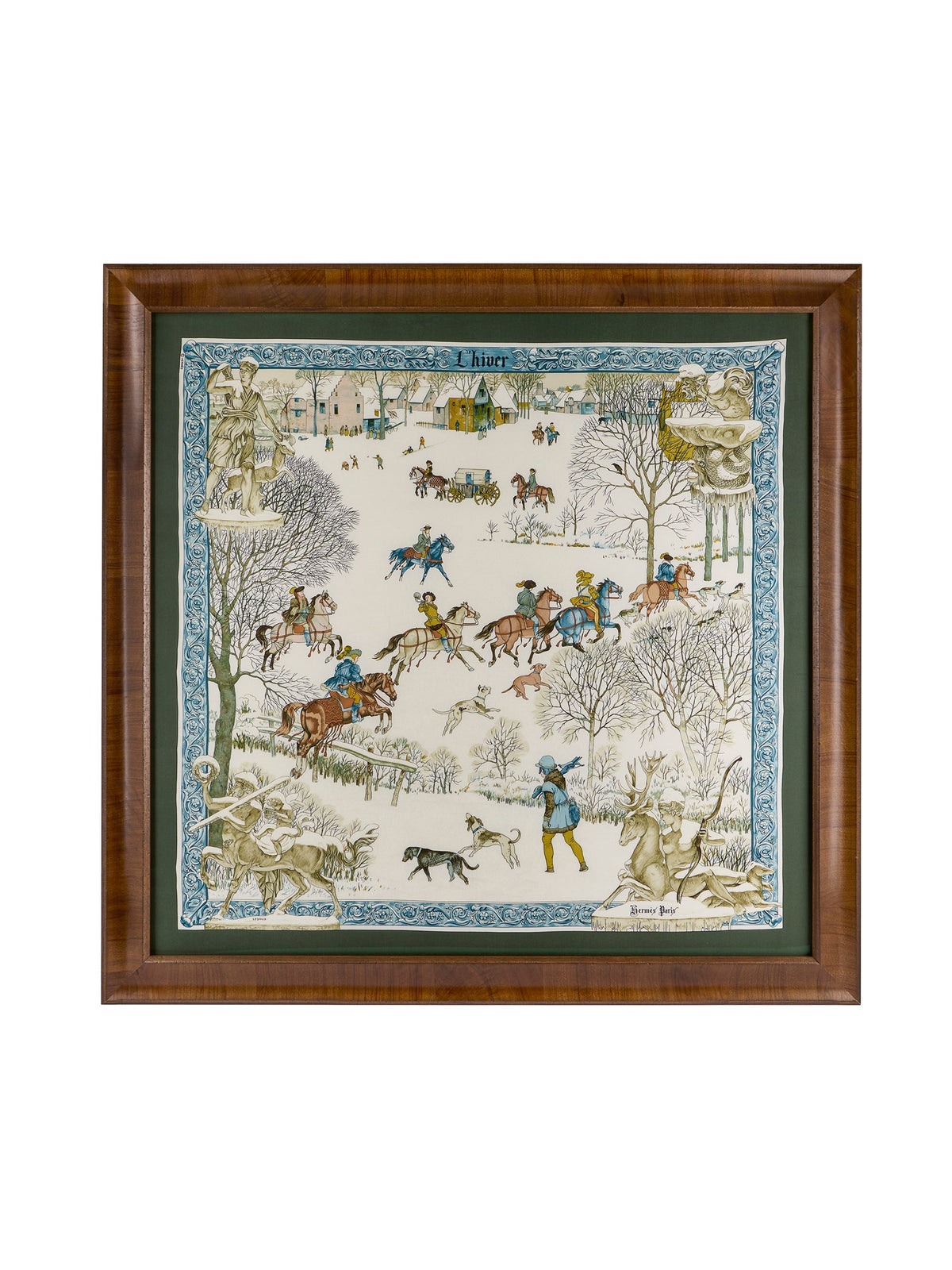 Vintage Hermes L'Hiver Silk Scarf Framed Art
