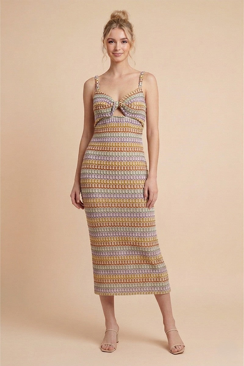 FRONT TWIST MULTI COLOR CROCHET MIDI DRESS