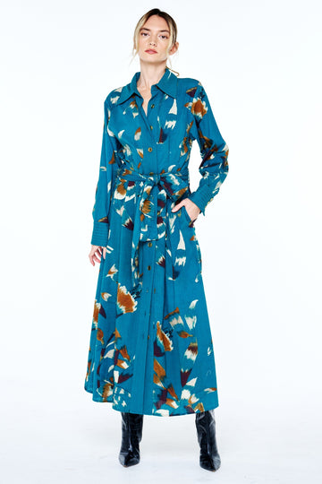 POLYNA PRINTED SEERSUCKER MAXI SHIRT DRESS