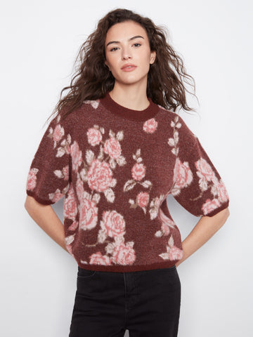 Balloon Elbow Sleeve Floral Jacquard Knit Sweater - Rosette