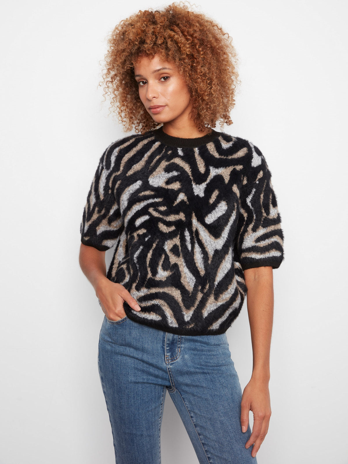 Balloon Elbow Sleeve Jacquard Knit Sweater - Mystic