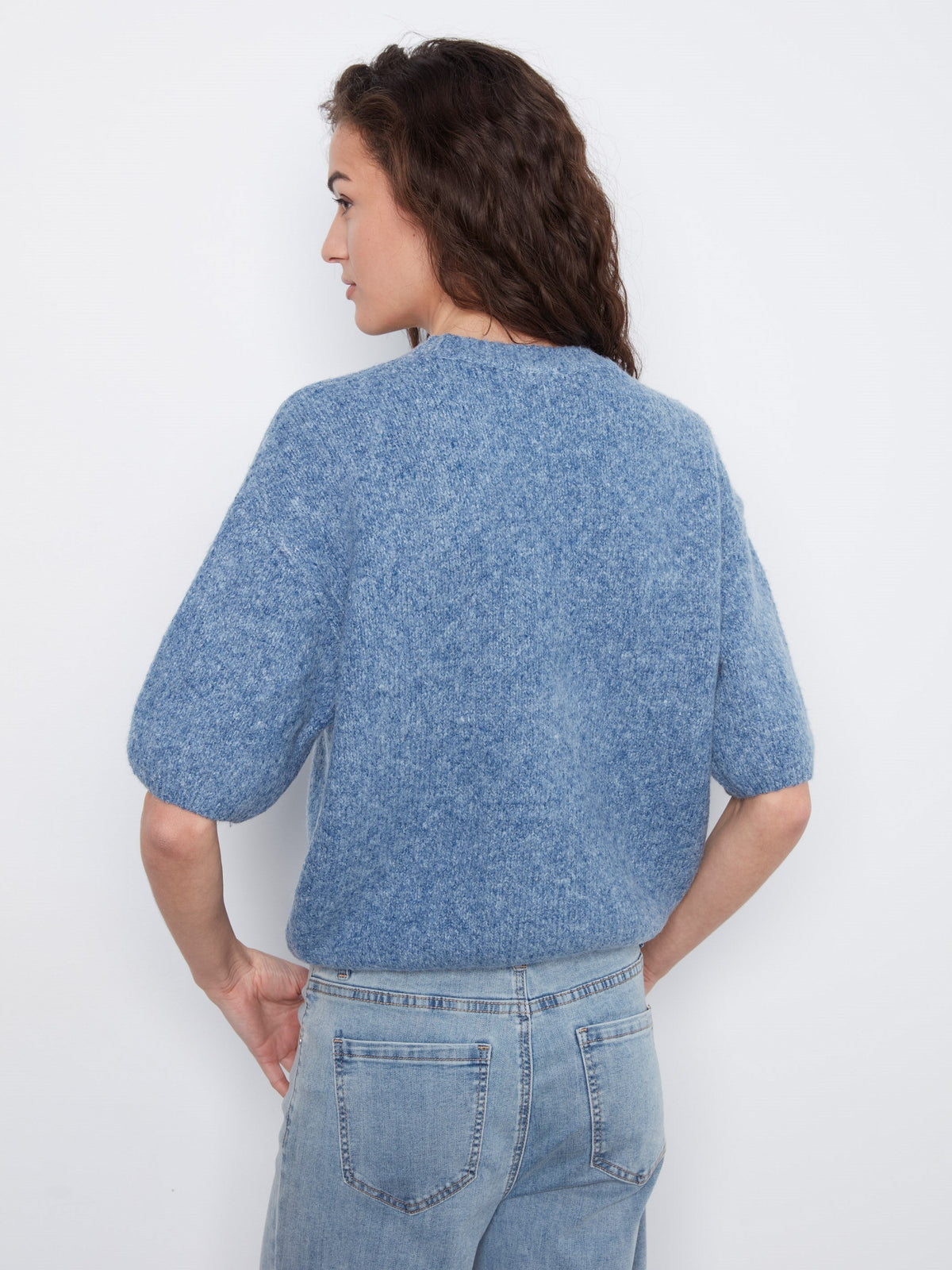 Balloon Elbow Sleeve Knit Sweater - Heather Denim