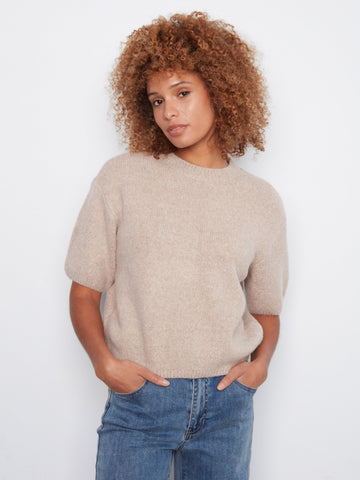Balloon Elbow Sleeve Knit Sweater - Heather Latte