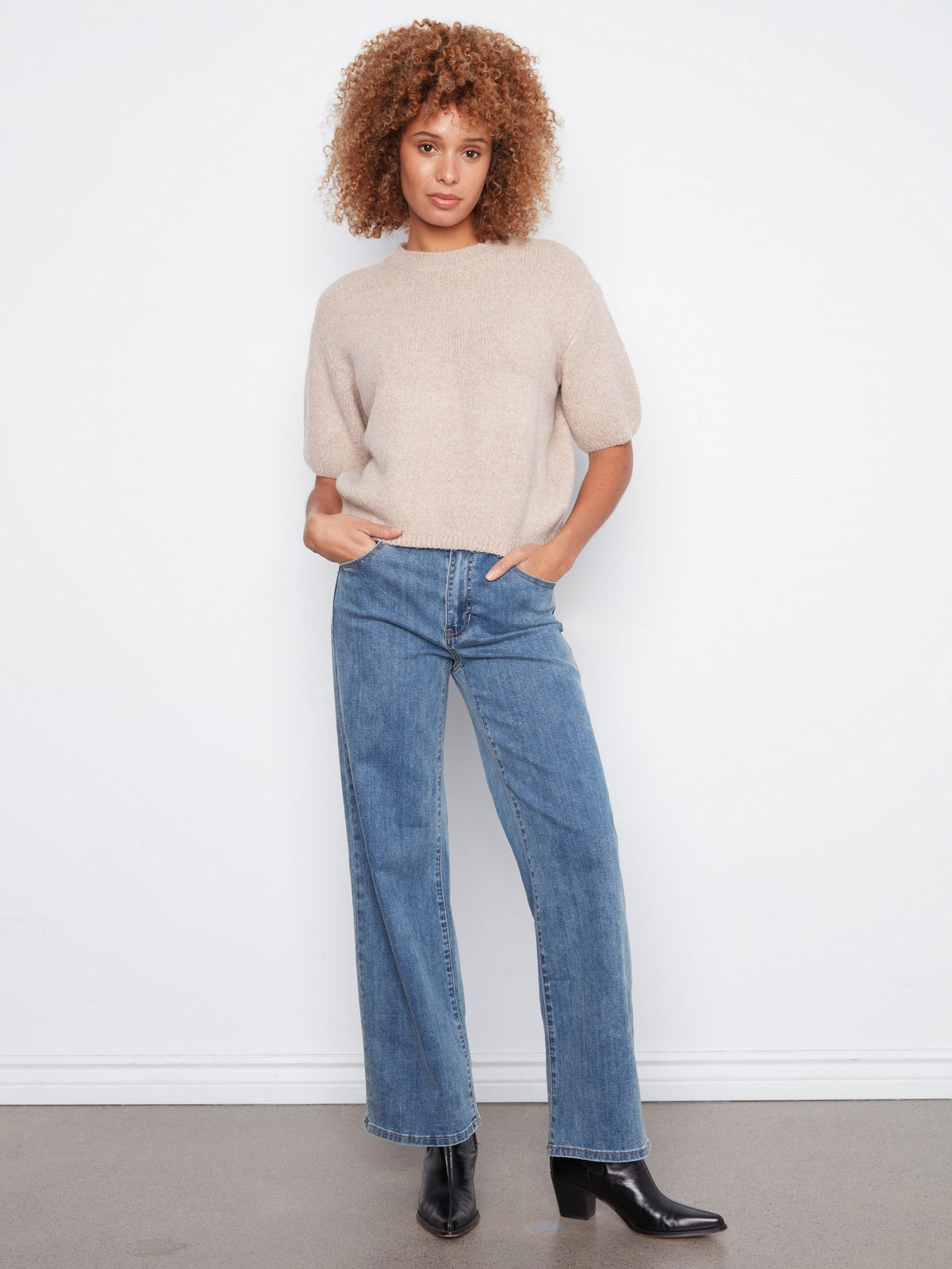Balloon Elbow Sleeve Knit Sweater - Heather Latte