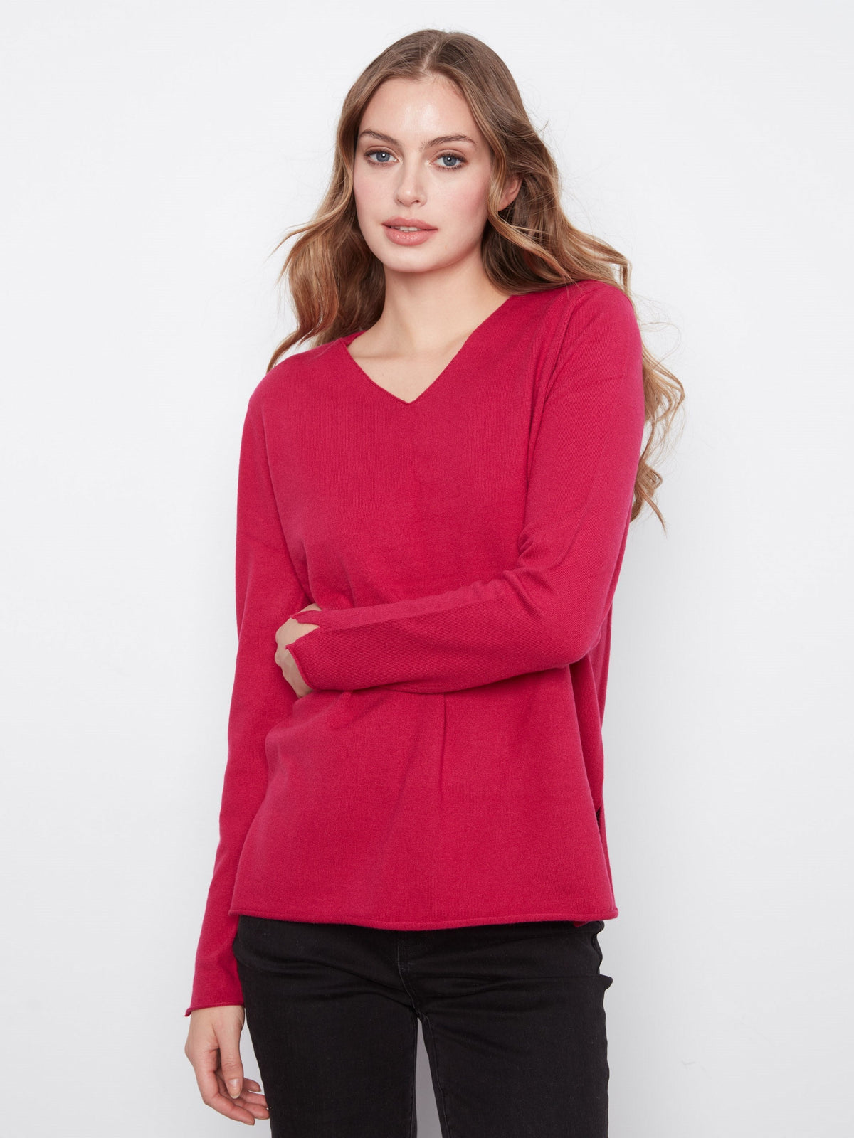 Basic V-Neck Sweater - Cherry