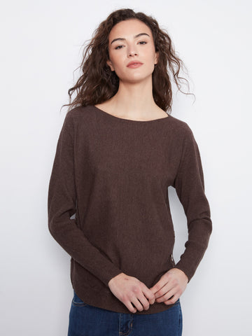 Boat Neck Sweater With Side Buttons - Heather Coffee