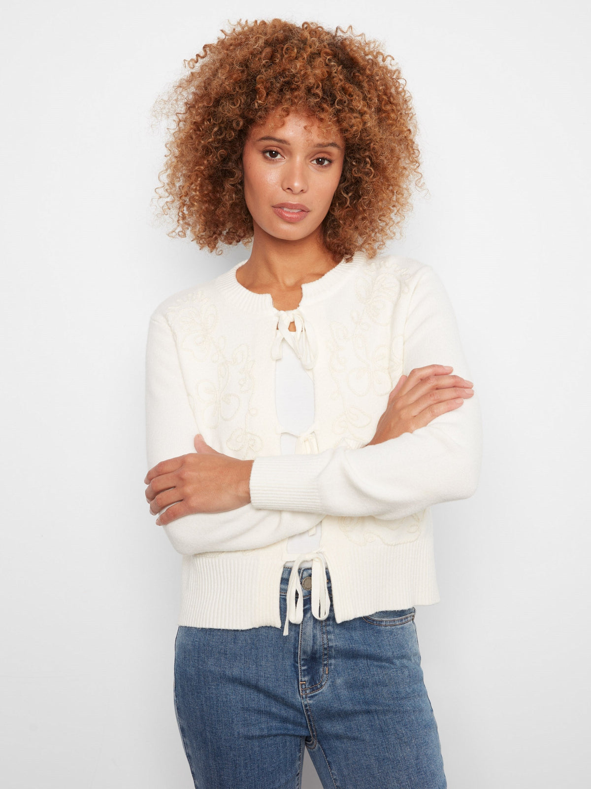 Bow Tie Jacquard Knit Cardigan - Ecru