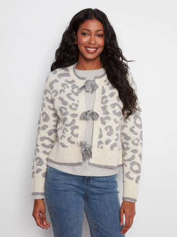 Bow Tie Jacquard Knit Cardigan - Leopard