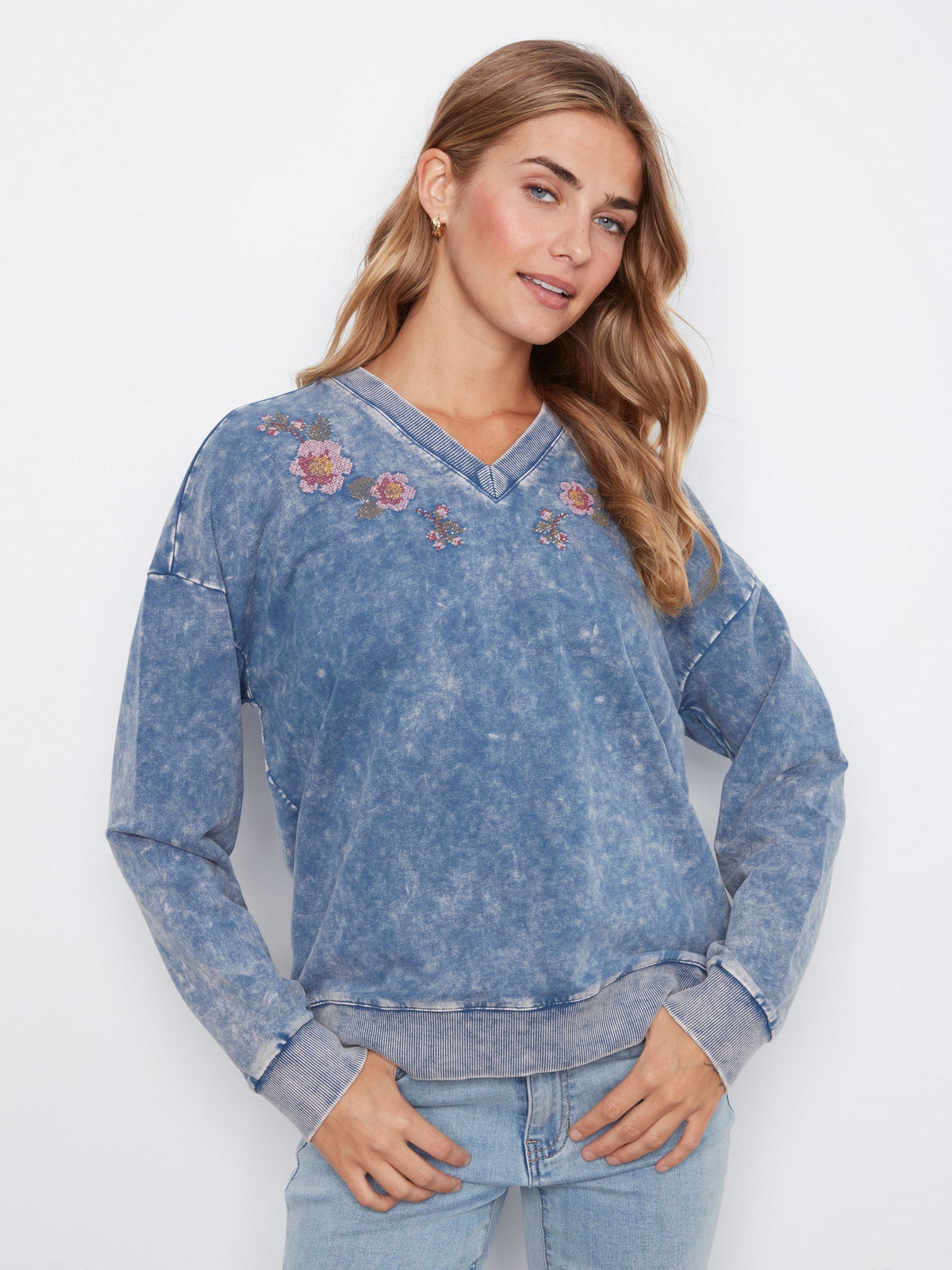 Cold Dye Terry V-Neck Top - Denim