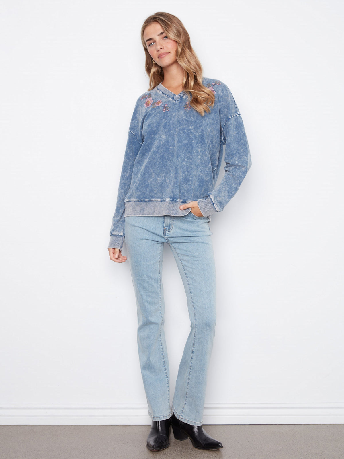 Cold Dye Terry V-Neck Top - Denim