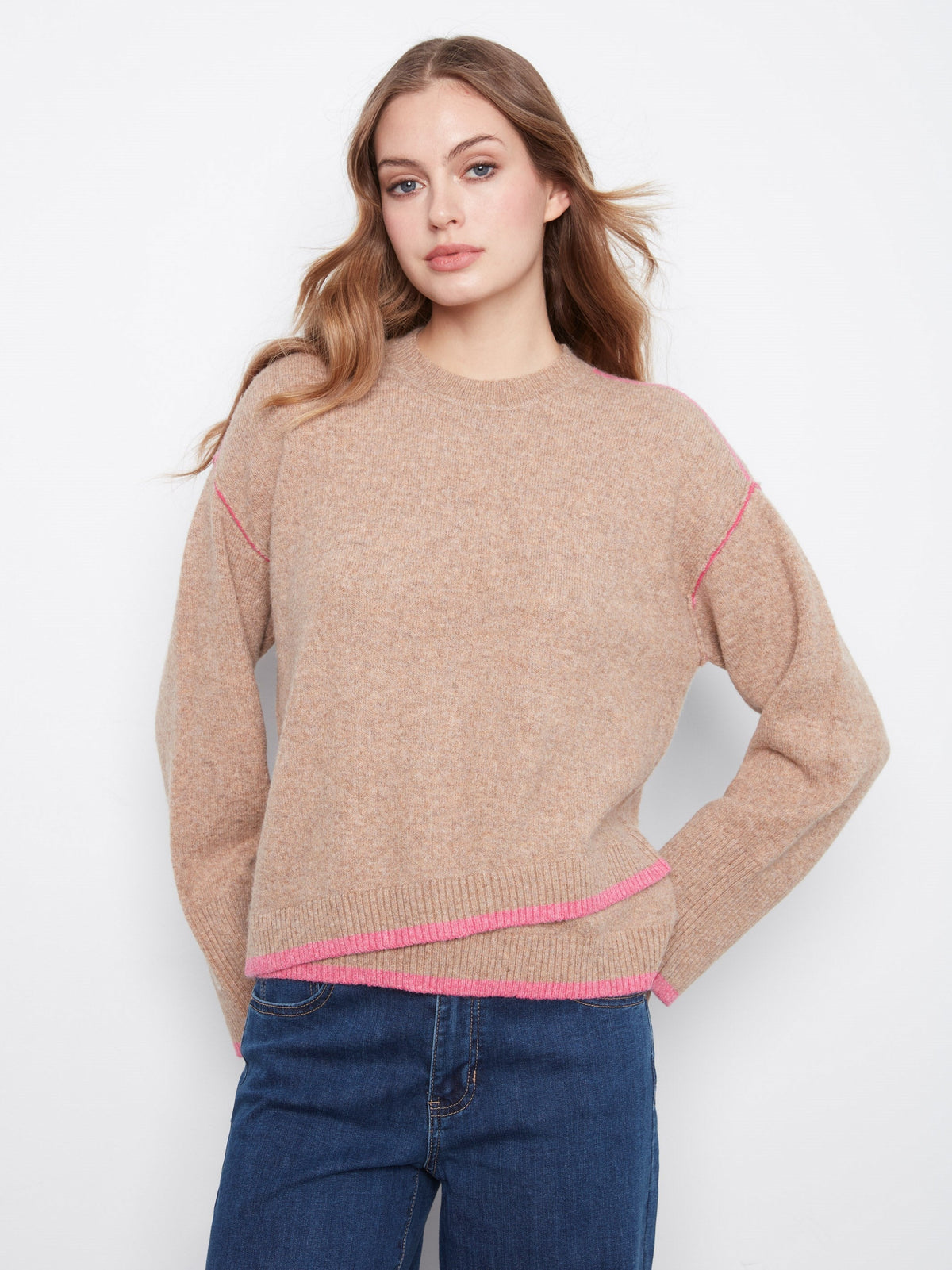 Contrast Trim Crew Neck Sweater - Heather Camel