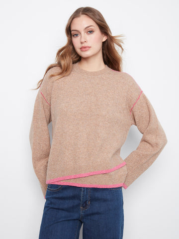 Contrast Trim Crew Neck Sweater - Heather Camel