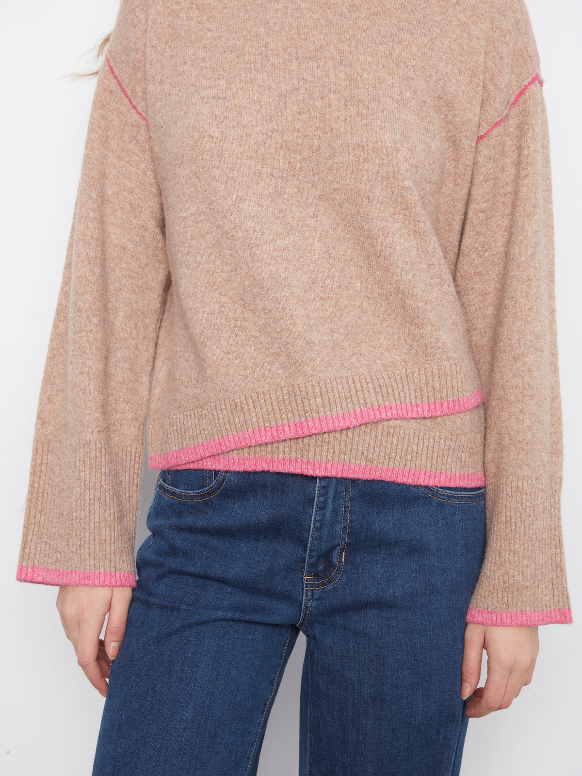 Contrast Trim Crew Neck Sweater - Heather Camel