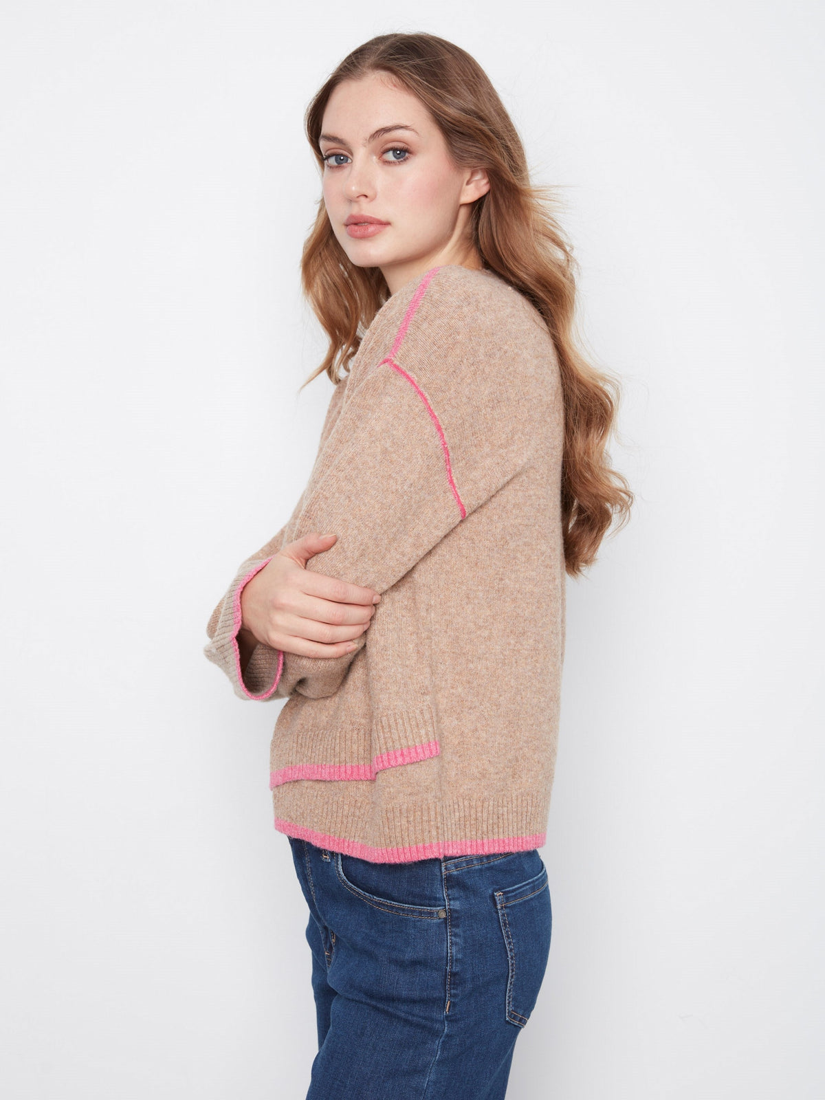 Contrast Trim Crew Neck Sweater - Heather Camel