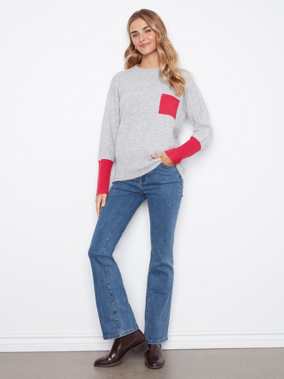 Crew Neck Sweater With Contrast Details - Heather Grey