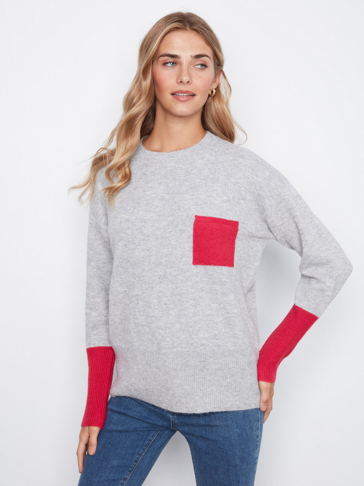 Crew Neck Sweater With Contrast Details - Heather Grey