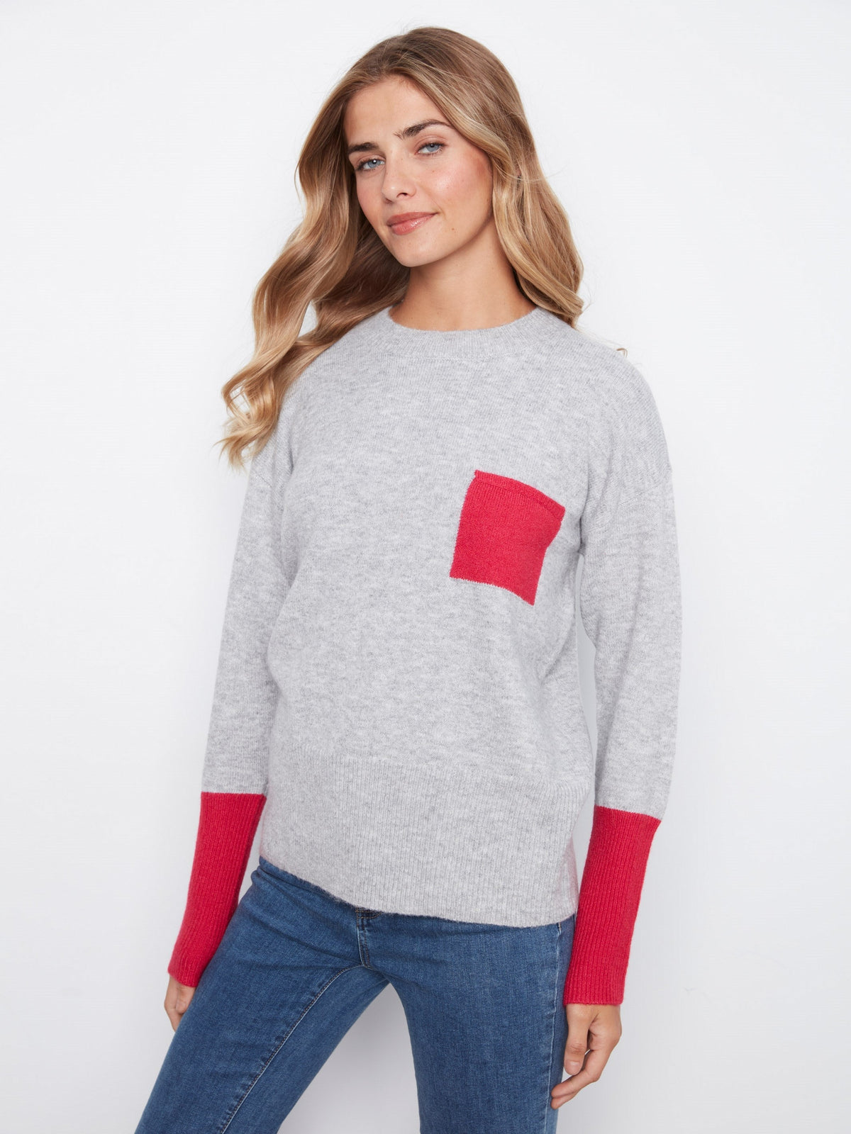 Crew Neck Sweater With Contrast Details - Heather Grey