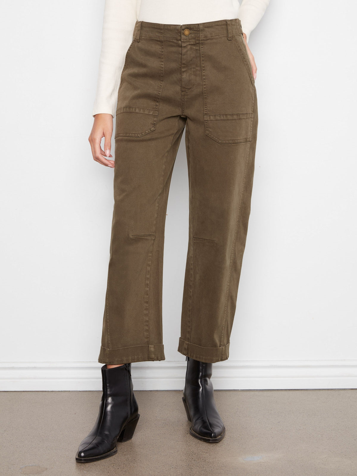Cropped Barrel Leg Twill Pants - Olive