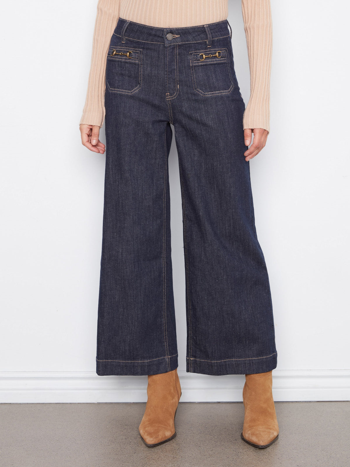 Cropped Patch Pocket Wide Leg Jeans With Horsebit Detail - Deep Blue