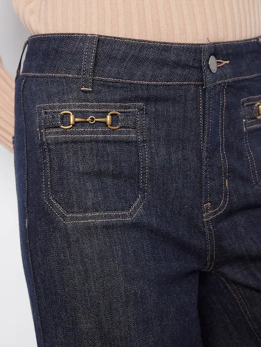 Cropped Patch Pocket Wide Leg Jeans With Horsebit Detail - Deep Blue