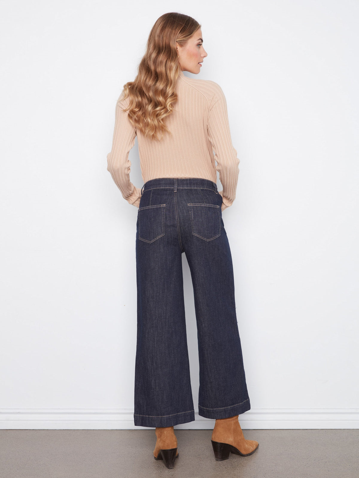Cropped Patch Pocket Wide Leg Jeans With Horsebit Detail - Deep Blue