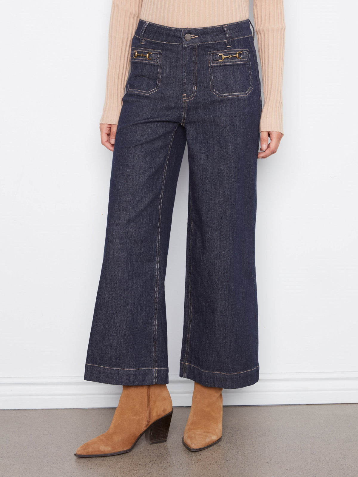 Cropped Patch Pocket Wide Leg Jeans With Horsebit Detail - Deep Blue