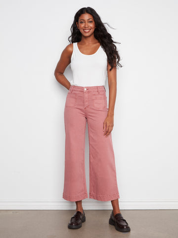 Cropped Patch Pocket Wide Leg Twill Pants - Rosebud