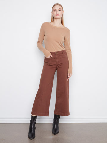 Cropped Patch Pocket Wide Leg Twill Pants - Chocolate